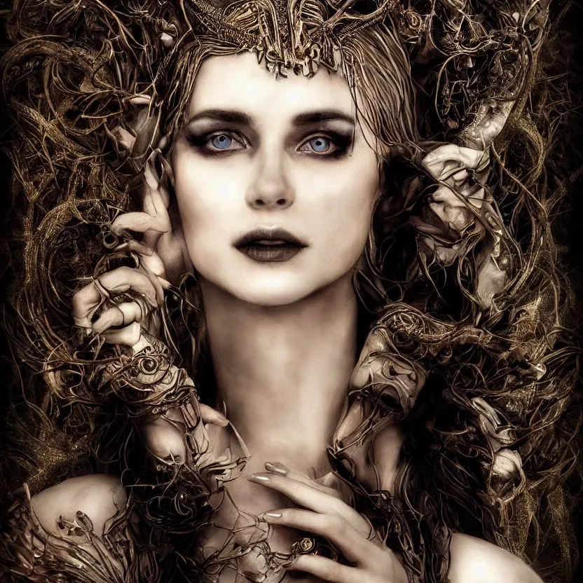 Image similar to mindblowing portrait of the enchantress queen, a stunning timeless beauty, breathtaking eyes, perfect skin, feathered eyelashes, royal gothic dress with a lot of leather, heavy silent hill aesthetic, incredibly intricate, digital art, blender, houdini & photoshop, very elegant & complex, hyper-maximalist, overdetailed, epic cinematic quality, biblical art lighting, photorealistic, lifelike, OLED, DSLR HDR 8k, face is the focus, facial feature symmetry, hyper composed, created by Nixeu & z--ed from deviantart