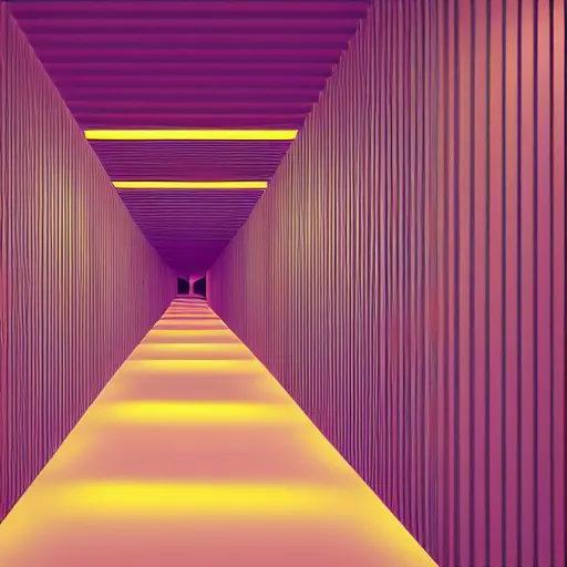 Prompt: noisy color photograph of a retrofuturist liminal space, twisting hallways, minimalist, cinematic, soft vintage glow, 3d render, photorealism