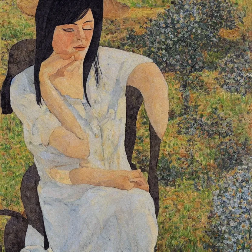 Prompt: a painted portrait of a women outdoors paused in thought, art by felice casorati, aesthetically pleasing and harmonious natural colors, expressionism, fine day, portrait