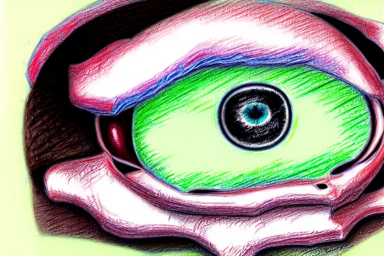Image similar to a pastel drawing of horrific depiction of eye surgery, eyes of a person.