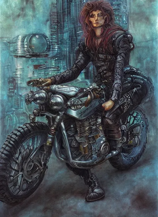 Image similar to portrait of sci - fi biker, cityscape background, beautiful! coherent! by brom, by brian froud, deep color, strong line, high contrast