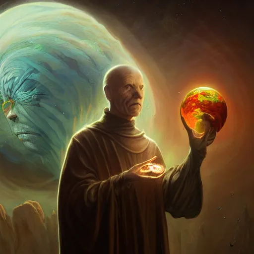 Image similar to the creator of worlds wearing a cloak and holding a holographic planet projection in his hand, detailed, sci - fi, digital painting, artstation, sharp focus, illustration, ominous, artgerm, tomasz alen kopera, peter mohrbacher, donato giancola, joseph christian leyendecker, wlop, frank frazetta