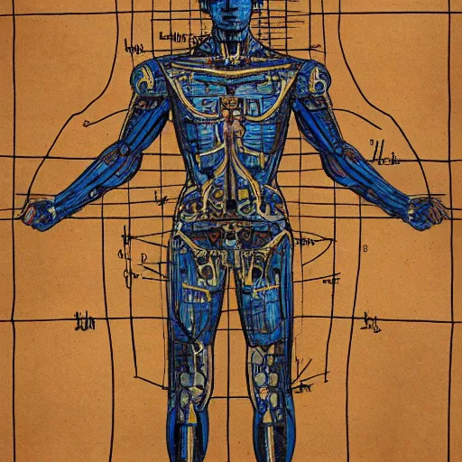 Image similar to cyborg as a vtruvian man blueprint by leonardo davinci