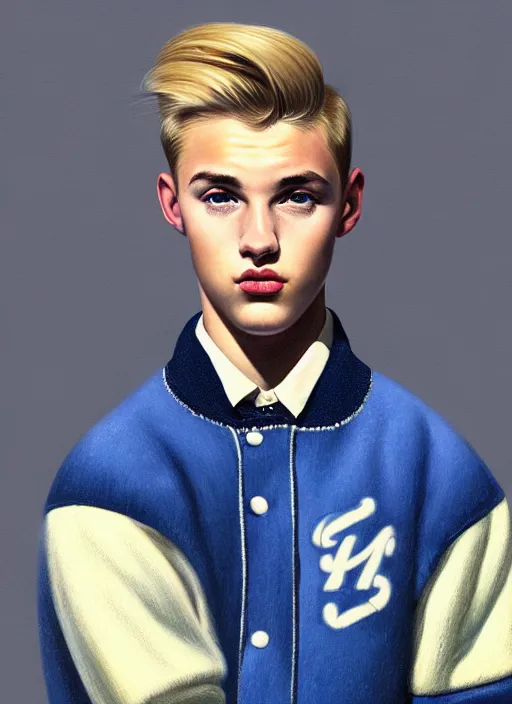 Image similar to portrait of a high school senior boy named moose mason, blonde short hair, jock, beefy, square jaw, square facial structure, 1 9 5 0 s, blue varsity jacket, intricate, elegant, glowing lights, highly detailed, digital painting, artstation, concept art, smooth, sharp focus, illustration, art by wlop, mars ravelo and greg rutkowski