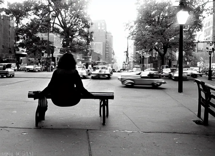 Image similar to a 35mm photograph from the back of a woman sitting on a bench in Harlem, New York City in the 1960's at sunset, bokeh, Canon 50mm, cinematic lighting, photography, retro, film, Kodachrome, award-winning, rule of thirds, golden hour