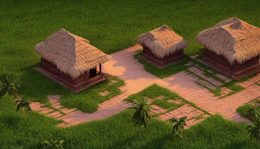 Prompt: isometric render of a kerala village in the style of horizon forbidden west, with kerala motifs, intricate, elegant, smooth shading, soft lighting, illustration, simple, solid shapes, concept art, by magali villeneuve, jeremy lipkin and michael garmash, rob rey and kentaro miura style, octane render