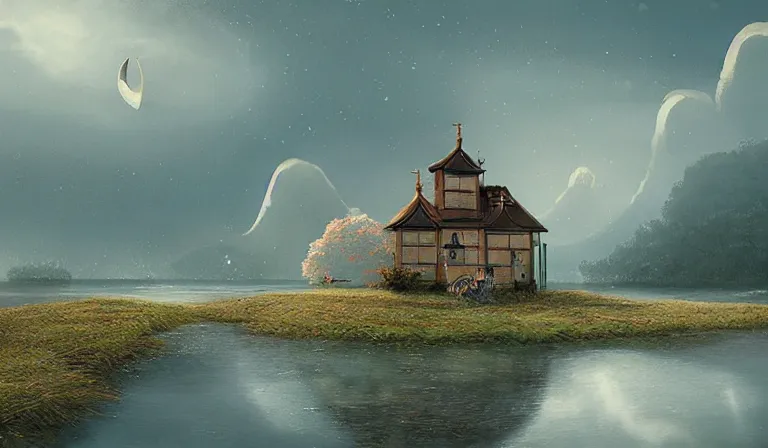 Prompt: A serene landscape with a singular building in the style of happy and joyful matte painting