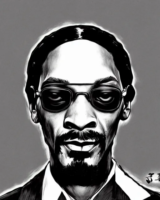 Image similar to portrait of snoop dogg, concept art, sumi - e style, intricate linework, artstation, trending, highly detailed, smooth, focus, art by yoji shinkawa,