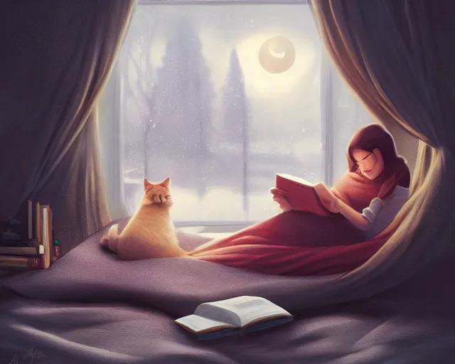 Image similar to a realistic beautiful warm matte painting of a woman curled up with a blanket reading a good book next to her friendly cat who is purring with eyes closed. they are both sitting next to a window as the sun sets in winter, by ross tran, trending on artstation, concept art, lofi, digital illustration