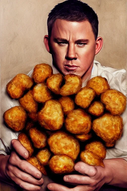 Image similar to channing tatum in a tater tot costume, oil on canvas, intricate, portrait, 8 k highly professionally detailed, hdr, cgsociety