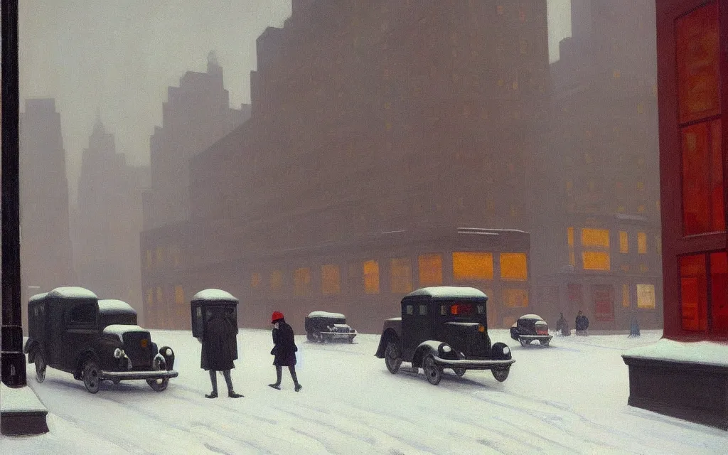 Prompt: the streets of new york in 1 9 4 0 during a snowfall. edward hopper