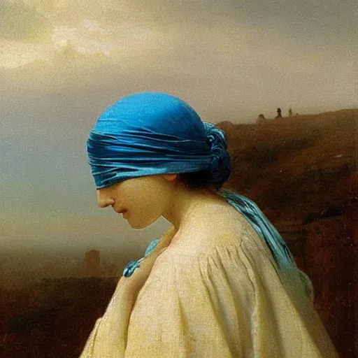 Image similar to a woman’s face, her eyes are covered with a flowing blue satin blindfold, by ivan aivazovsky and alma tadema and and willen claesz heda and aelbert cuyp