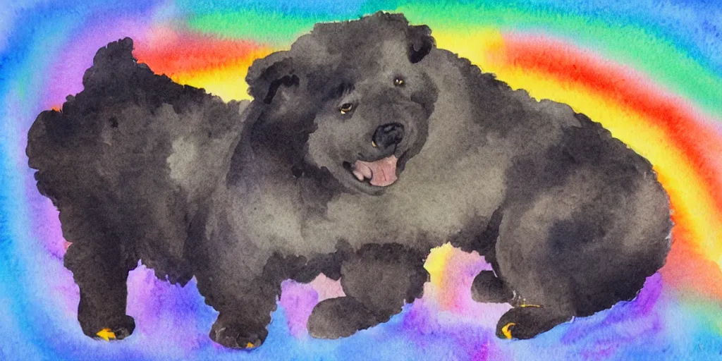 Prompt: a watercolor painting of an off - black chow chow puppy standing on a glowing rainbow bridge