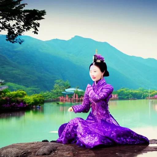 Prompt: elegant chinese princess with purple eyes, sitting by a lake, mountains in background, anime style, award winning art