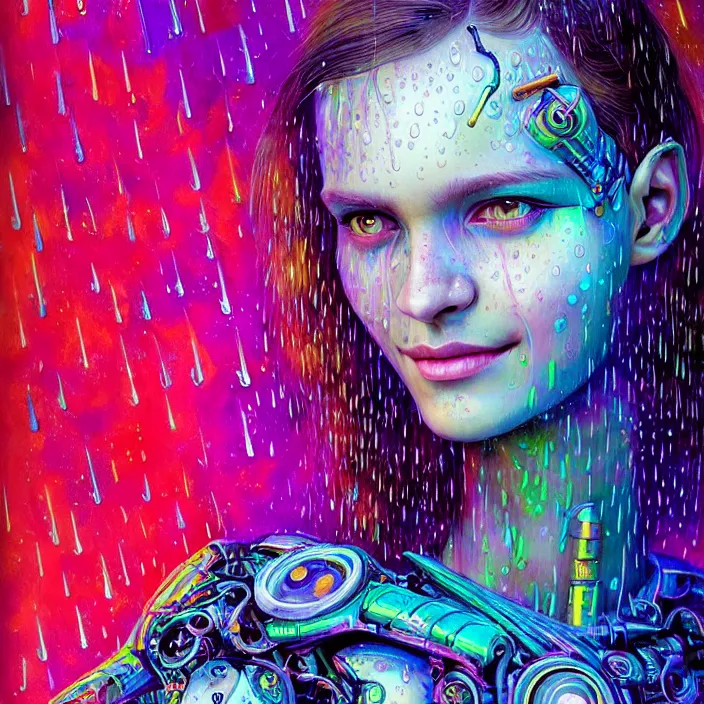 Prompt: bright psychedelic portrait of cyborg girl with rain on face and wet hair, wings, smiling, diffuse lighting, fantasy, intricate, elegant, highly detailed, lifelike, photorealistic, digital painting, artstation, illustration, concept art, smooth, sharp focus, art by John Collier and Albert Aublet and Krenz Cushart and Artem Demura and Alphonse Mucha
