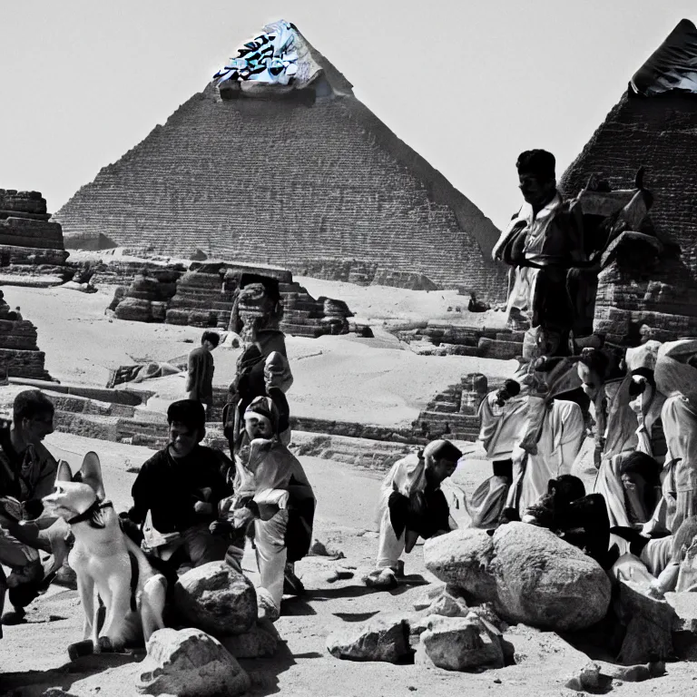 Prompt: black and white photo of explorers finding egypt's famous shiba inu temple