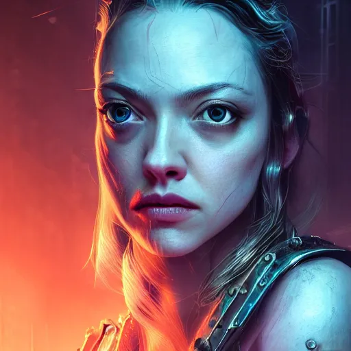 Image similar to amanda seyfried portrait, dystopia core, apocalyptic, armor, warrior, dramatic, sharp focus, fiction, neon, fantasy, hyper detailed, digital art, trending in artstation, cinematic lighting, studio quality, smooth render, unreal engine 5 rendered, octane rendered, art style and nixeu and wlop and krenz cushart