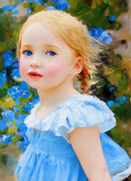 Prompt: a cute little girl with golden blonde hair and blue eyes standing in a picturesque french village wearing a sky blue summer dress. detailed face. beautiful painting by ruan jia