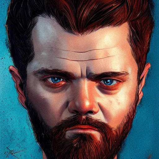 Prompt: beautiful portrait of a man with a short-beard blue eyes(looking like joshua jackson and aaron paul, sean astin), in the style of Enki Bilal and Joe Jusko and Alex Ross, backlit, concept art, trending on artstation