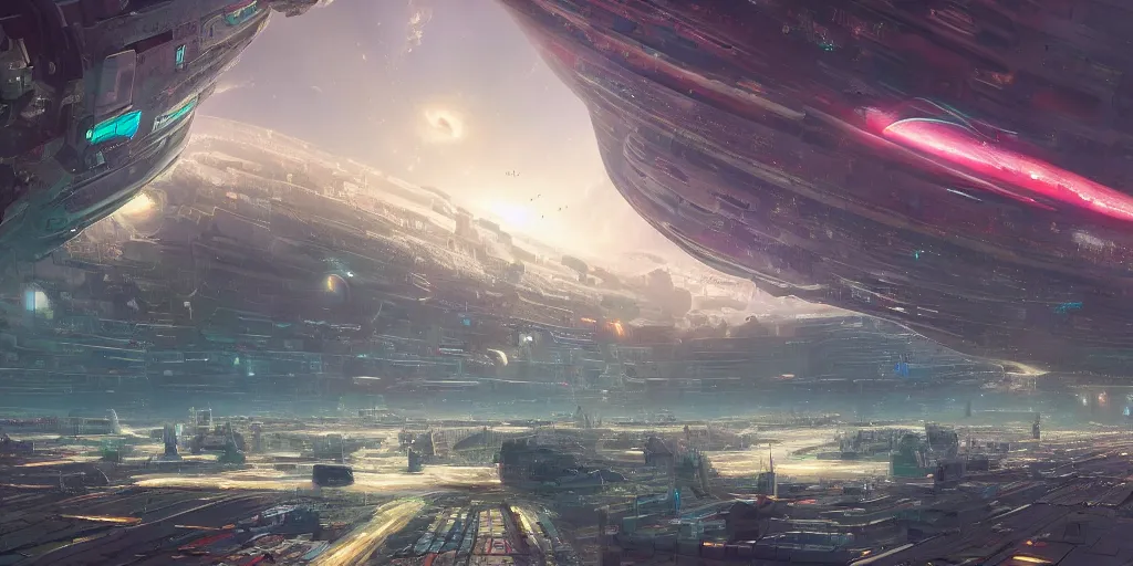 Prompt: a huge bustling futuristic space station at the edge of the universe, filled with people and shops and bars and neon signs, where the horizon of apocalypse of the gods clashes upon, megastructure, immaculate highly detailed gloss rendering, marc simonetti, shinkai makoto, federico pelat, alena aenami, donna haraway