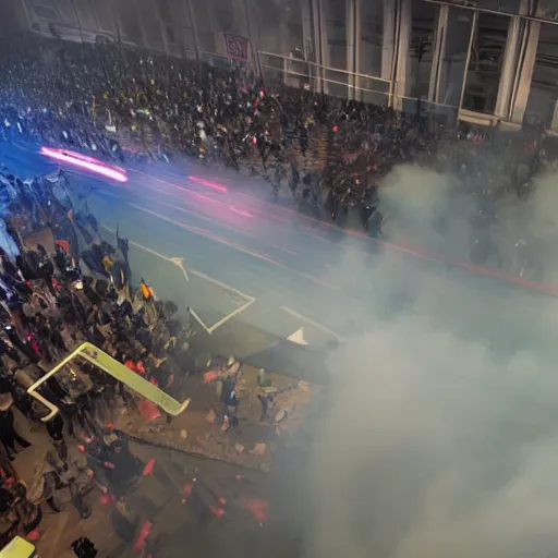 Image similar to wide angle shot from above, muted-neon-color-smoke wisps waft on a current of air through a low energy cluttered parlor and coalesce onto the floor into a close-up outline reminiscent of a high-energy racing horse crossing the finish line.