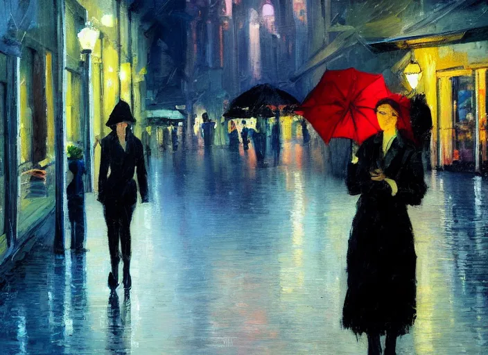 Image similar to evening city scene with young woman with umbrella held up slightly. beautiful use of light and shadow to create a sense of depth and movement. using energetic brushwork and a limited color palette, providing a distinctive look and expressive quality in a rhythmic composition