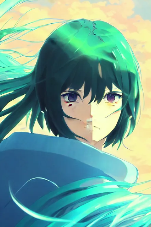 Image similar to makoto shinkai, artgerm, ilya kuvshinov, beautiful anime women with green dress, long blue hair, water powers water swirling, symmetrical face, symmetrical eyes, detailed, beach setting, cinematic lighting