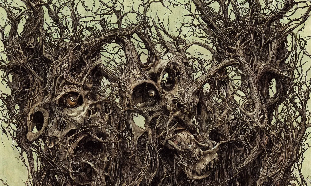 Image similar to hyperdetailed art nouveau portrait of treebeard as a chimera eyeball skull dragon monster, by micheal whelan, simon bisley and bill sienkiewicz, grim yet sparkling atmosphere, photorealism, thorns, claws, teeth, fangs, night in the forest, wild, crazy, scary, horror, lynn varley, lovern kindzierski, steve oliff