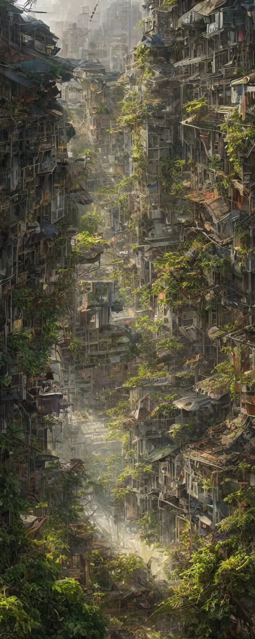 Image similar to a sprawling city landscape in an abandoned east asian country, vines and weeds growing from the apartment buildings, plants sprouting from the concrete, intricate, elegant, highly detailed, digital painting, artstation, concept art, smooth, sharp focus, illustration, art by artgerm and greg rutkowski and alphonse mucha