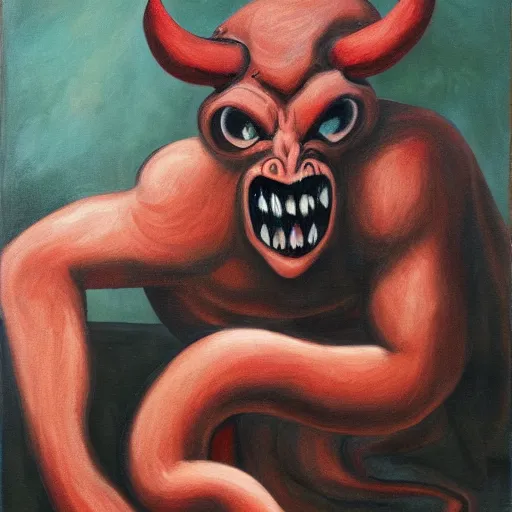 Image similar to painting of a demon representing exhaustion, the demon looks like an anthropomorphic animal