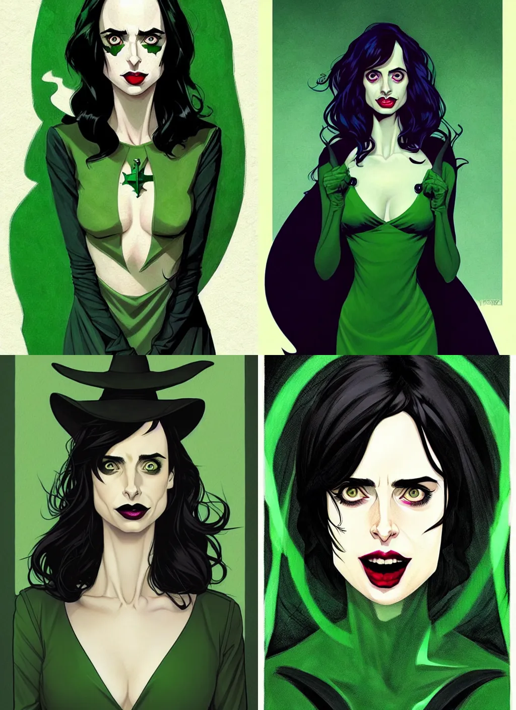 Prompt: Female witch Krysten Ritter, style of Joshua Middleton comic book art Nick Dragotta comic art, black and green eyes, symmetrical face, symmetrical eyes, scary smile, full body, dark green dress, no long neck, full body