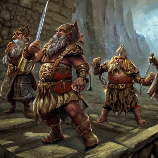 Prompt: DnD dwarves in gladitorial duel. Concept art by james gurney.