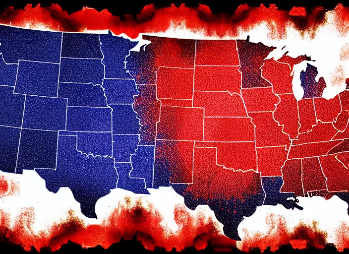 Image similar to map of united states in two raging fire, Mads Berg, Karolis Strautniekas,stippled light, dramatic lighting,fine texutre, editorial illustration,matte print, film noir, red+white+blue+dark organe+black,dynamic composition,moody, bauhaus