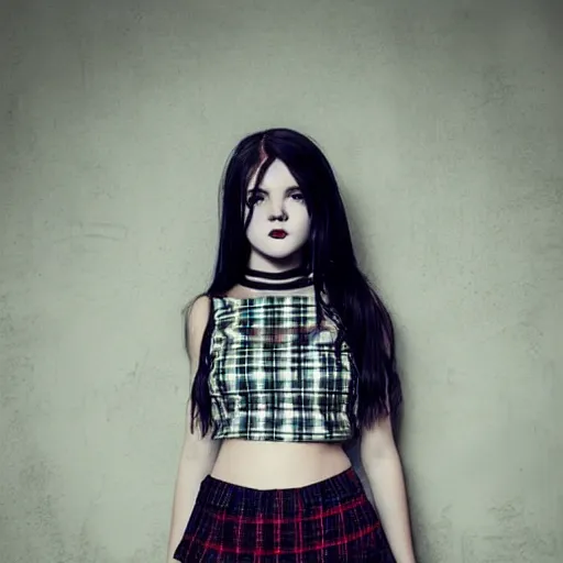 Image similar to gothic teen girl in plaid mini skirt and crop top, beautiful face, intricate, extremely detailed, modeling photography, 8 0 mm camera, dramatic lighting, dark room