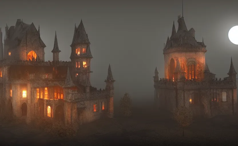 Image similar to a picture of burning!!! gothic! castle in fog, full moon, visual art, 8 k resolution, 3 d modelling, accent lighting, art station