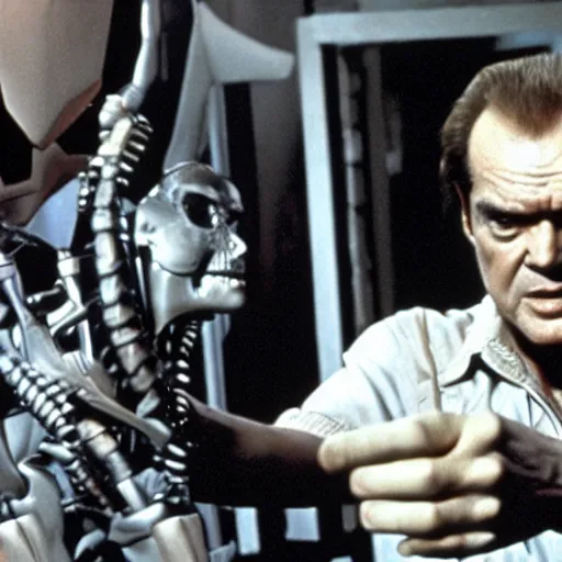 Prompt: Jack Nicholson plays Terminator, scene where his endoskeleton is exposed