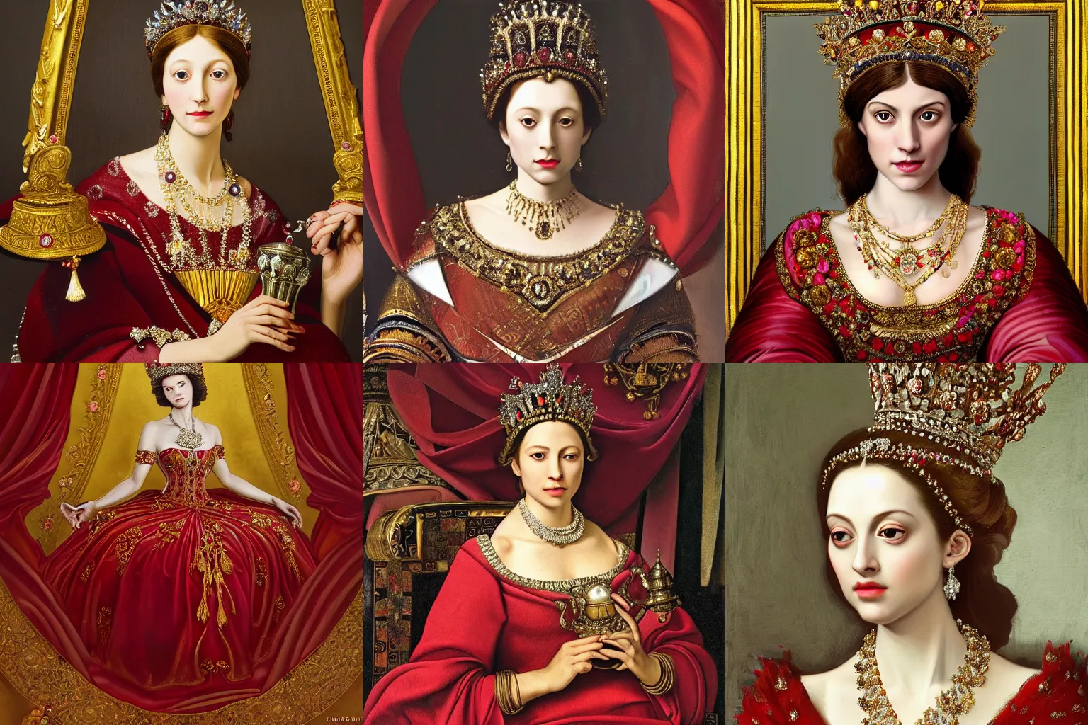 Prompt: A extremely highly detailed majestic hi-res beautiful painting of a beautiful woman wearing a long royal red silk dress, the crown jewels is on her head and she is holding a golden goblet and around her neck is a ornate golden necklace decorated with diamonds and rupees by Michelangelo Merisi da Caravaggio, high detail, hyperrealistic, photorealistic, octante render, cinematic, high textures, hyper sharp, 4k insanely detailed and intricate, hypermaximalist, 8k, hyper realistic, super detailed, 4k HDR hyper realistic high,