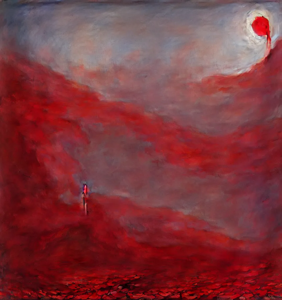 Prompt: magical landscape, chiaroscuro, red fabric, metalic parts, transparent smoke from hell, notan sun in the background, abstract, surreal art, painted by beksinski and android jones