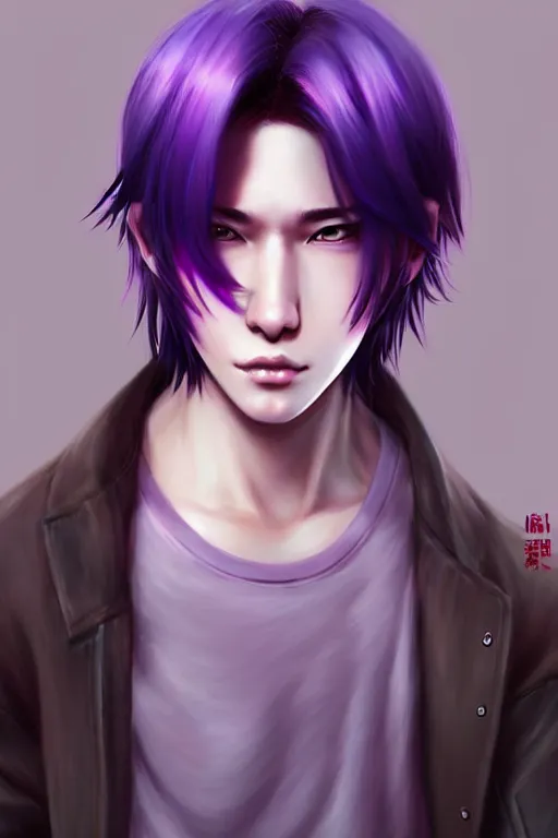 Image similar to gorgeous!!! hyper - realistic teenager boy with purple hair, purple eyes with red eye markets, slim body, wearing combat japanese clothes, holding a fan | drawn by wlop, drawn by jeehyung lee, drawn by artgerm | intricate, highly detailed, digital painting, character design, concept art, illustration, artstation