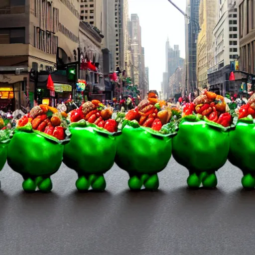 Image similar to a parade of stuffed fruits and vegetables marching down 5 th ave manhattan on st. patrick's day, 8 k, photo realistic, extremely life like