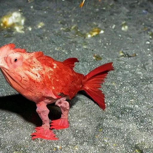 Prompt: photo of newly discovered mysterious deep sea chicken in the marianas trench