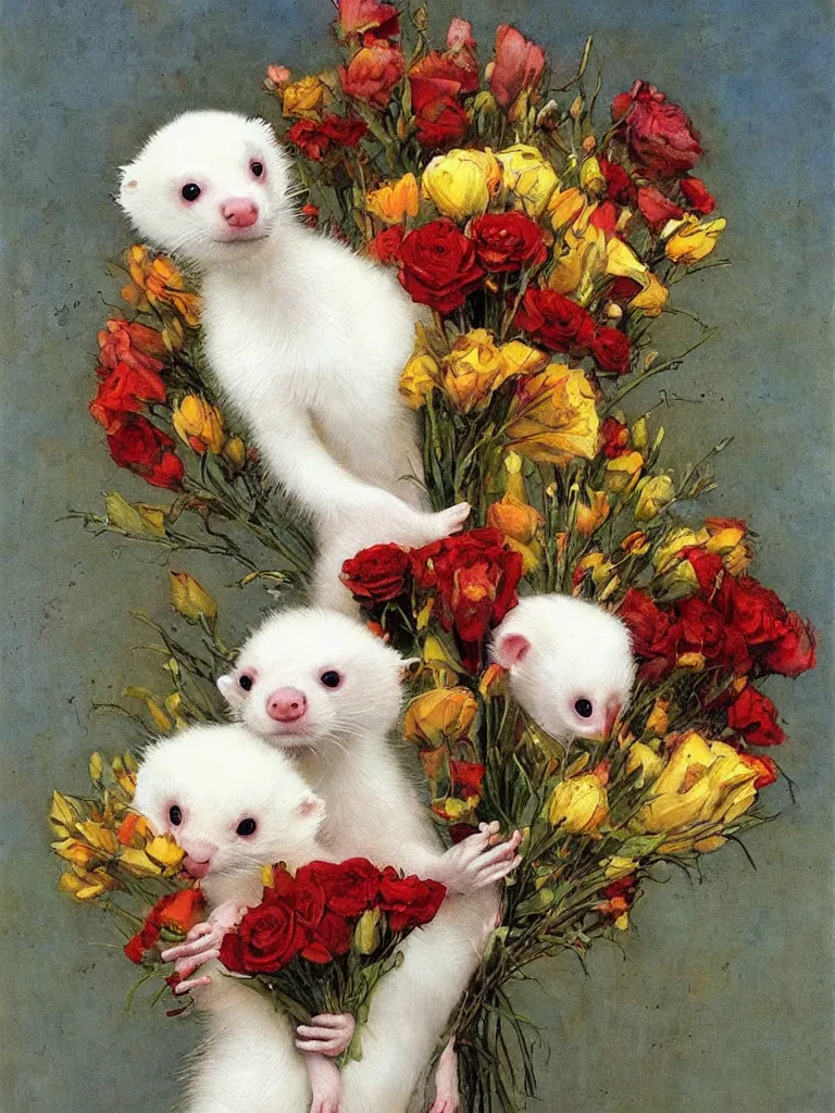 Prompt: A beautiful oil painting of an albino ferret holding a bouquet of flowers, by Esao Andrews and Warwick Goble.