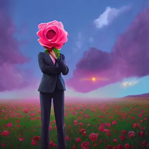 Prompt: closeup, giant rose flower as a head, portrait, girl in a suit, surreal photography, sunrise, blue sky, dramatic light, impressionist painting, digital painting, artstation, simon stalenhag