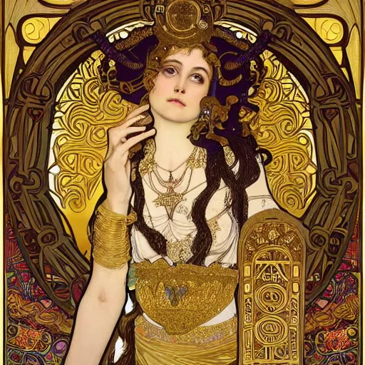 Prompt: realistic detailed dramatic symmetrical portrait of beast with a golden cup as Salome dancing, wearing an elaborate jeweled gown, by Alphonse Mucha and Gustav Klimt, gilded details, intricate spirals, coiled realistic serpents, Neo-Gothic, gothic, Art Nouveau, ornate medieval religious icon, long dark flowing hair spreading around her