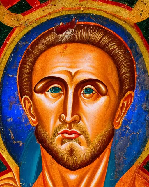 Image similar to byzantine fresco of demonic aloysius stepinac with bright orange eyes and demonic horns, sun ray, shaft of light, vivid colors, high production value, intricate details, high resolution, hyperrealistic, hdr, high definition, masterpiece, ultra realistic, highly detailed, hd, sharp focus, non blurry, sharp, smooth