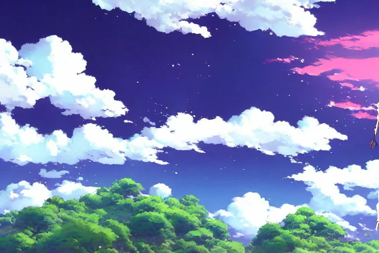 Image similar to painting of a dreamy cloudscape!, a flying dragon!!! in the foreground, exterior wide shot, otherworldly and ethereal by kazuo oga in the anime film by studio ghibli, screenshot from the anime film by makoto shinkai