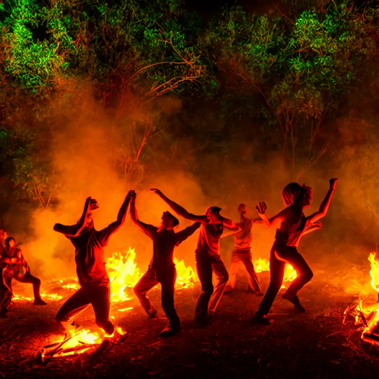 Image similar to real life 1 2 monkeys dancing around a fire in a jungle, cinematic, volumetric lighting, vivid colours, f 8 aperture, cinematic eastman 5 3 8 4 film, photorealistic