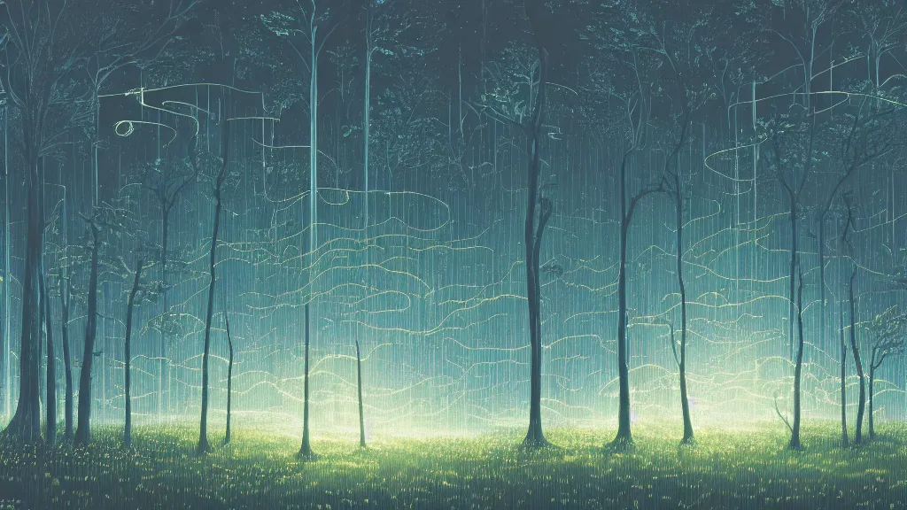 Prompt: highly detailed illustration of a forest with fireflies and rain at night, clouds, abstract minimalist white sculpture, by makoto shinkai, by moebius, by oliver vernon, by joseph moncada, by damon soule, by manabu ikeda, by kyle hotz, by dan mumford, by otomo, 4 k resolution