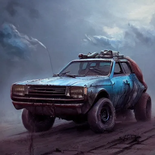 Prompt: a Dacia 1310 car in Mad Max, coriolios rpg art style, full of details, dark sci-fi, cold blue colors, matte painting, artstation, 8k, hyperrealistic, style of peter mohrbacher