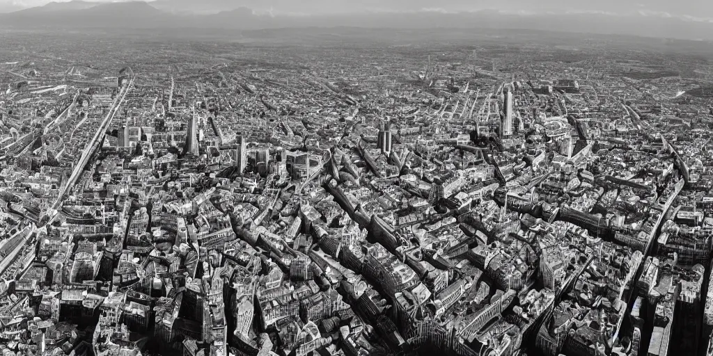 Image similar to a renaissance city imagined by Ludwig Hilberseimer , bird's eye view, cinematic full shot, high res, 35mm film black and white photograph